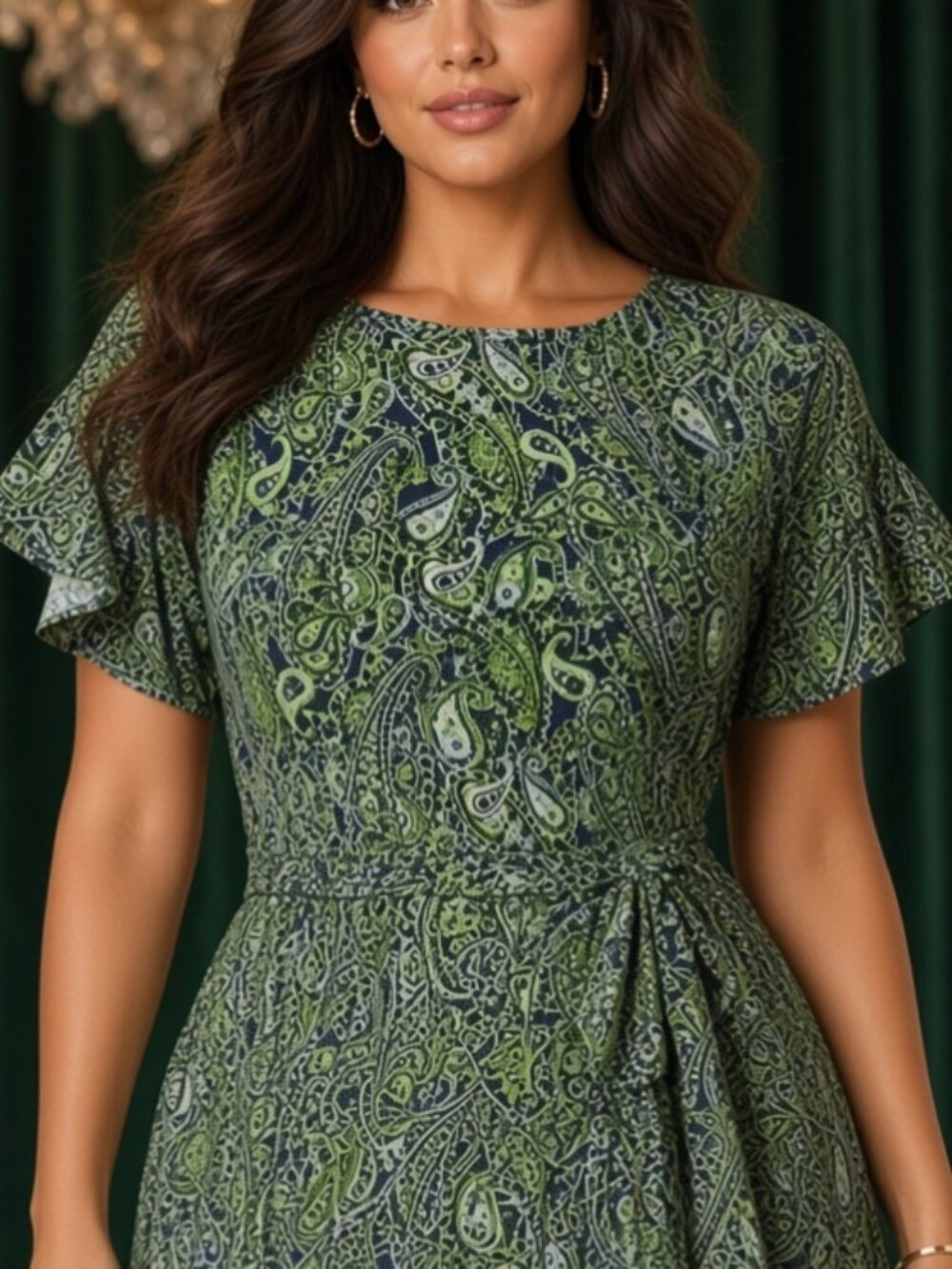 MICHAEL Michael Kors Navy and Green Paisley Belted Midi Dress
